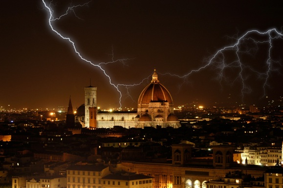 Lightning on the Cathedral of Florence in Italy