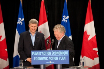 Jean Charest and Stephen Harper at a press conference in Chelsea